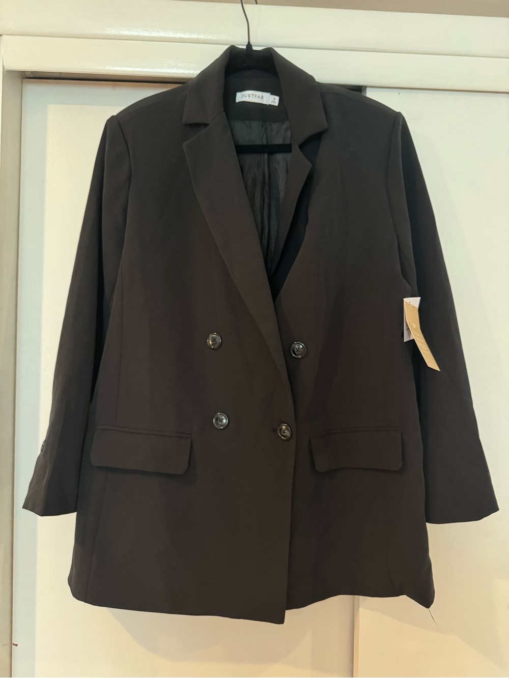 JustFab Double-Breasted Black Blazer with Shoulder Pads